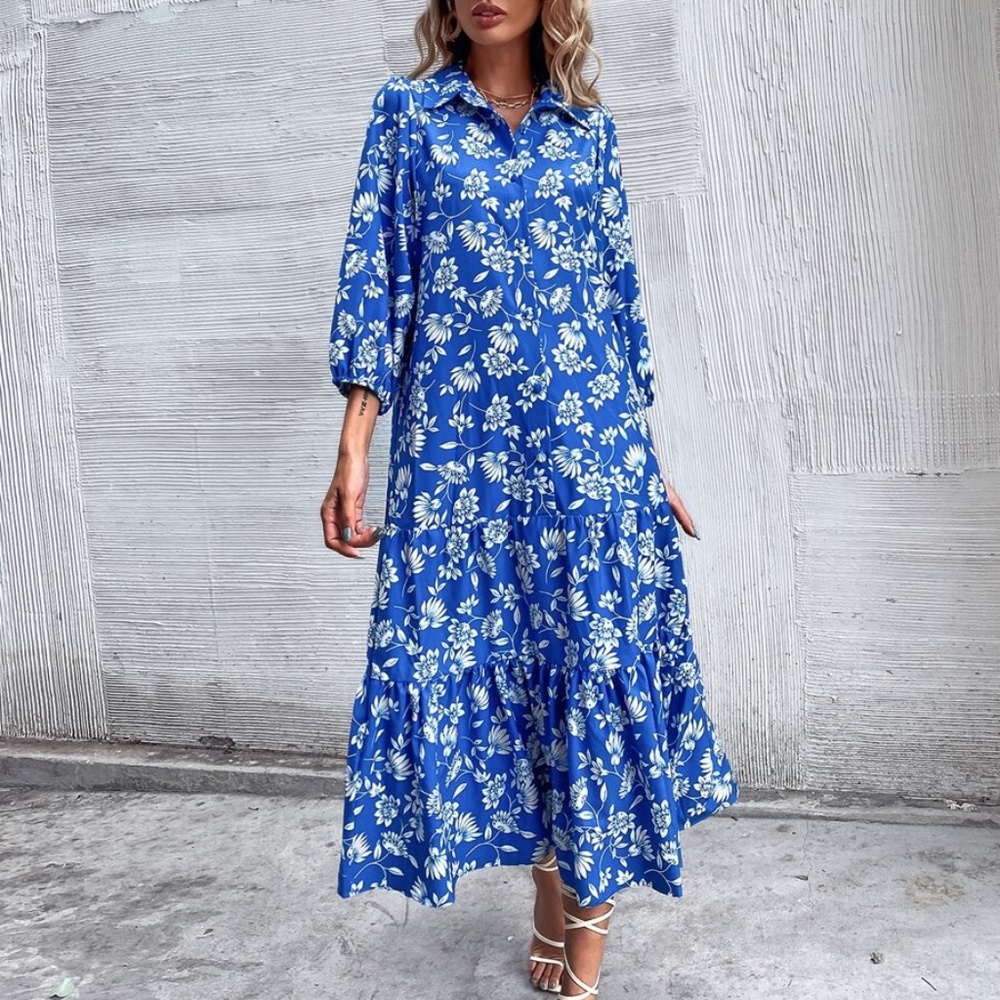 Bohemian Blue Floral Button up Ruffle Midi Dress - Picture 4 of 7